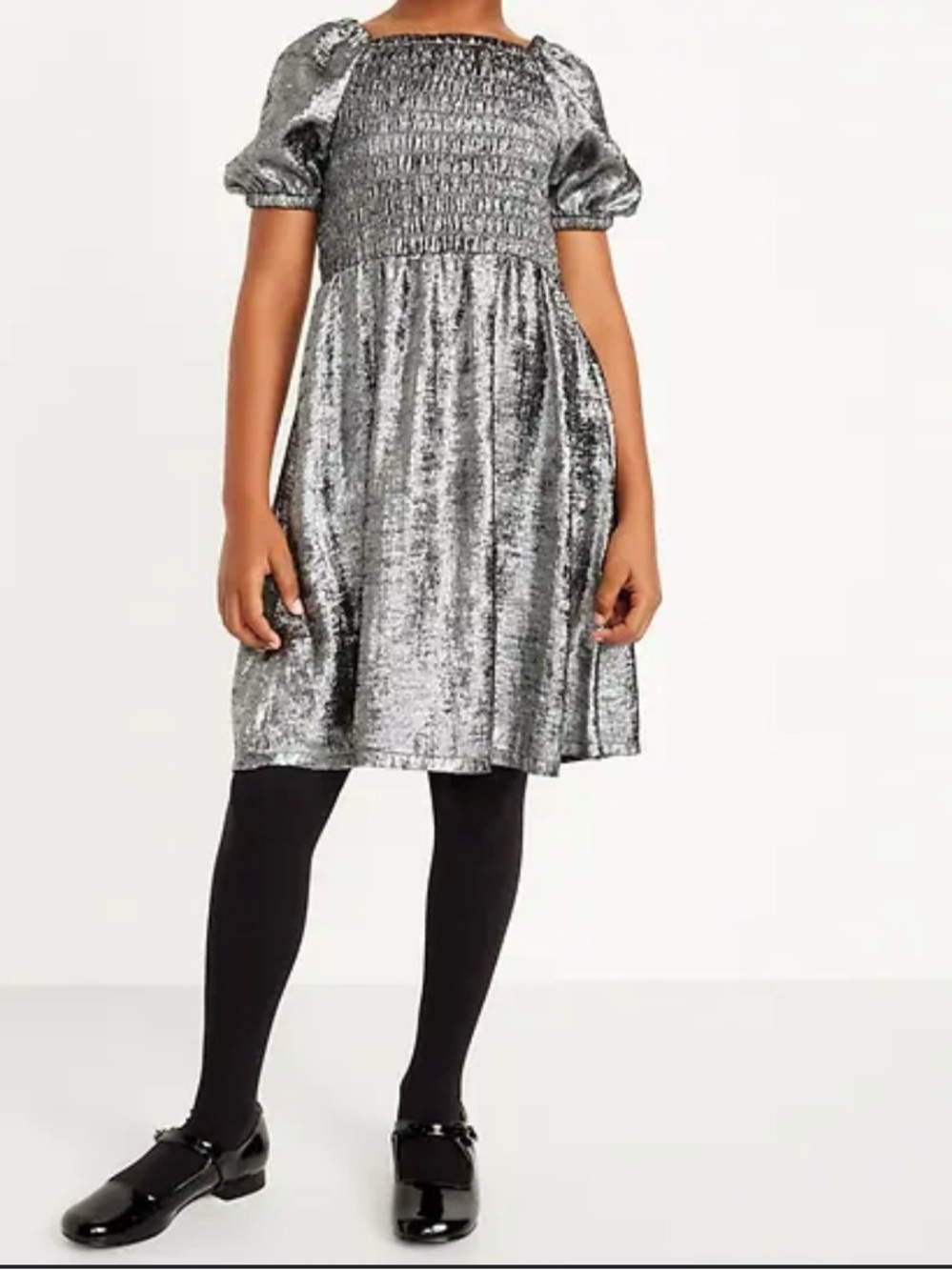 Old Navy Silver Shimmer Puff Sleeve Dress